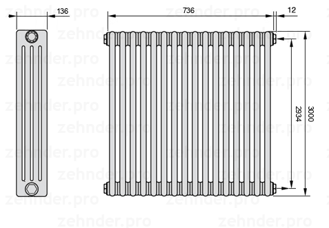 Схема (чертеж) Радиатор Zehnder Charleston 4300/16 №7610 Белый глянцевый RAL 9016